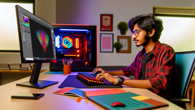 Student using gaming pc for design and video editing